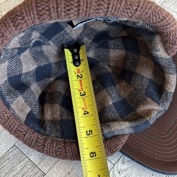 Ear-Flap Hat Blue Wool brown cableknit plaid flannel lined S/M Gap Vintage - Picture 12 of 12